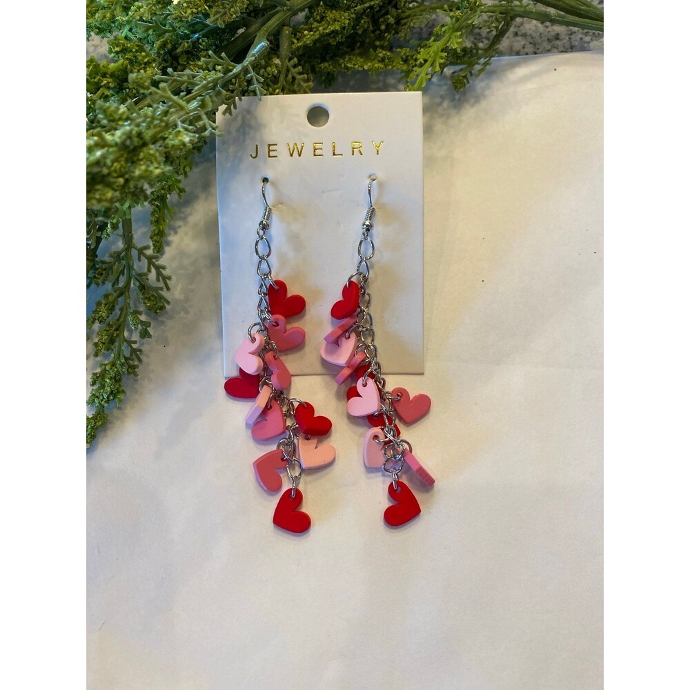 Red & Pink Heart Dangle Earrings Valentines Day Love Anniversary Wedding